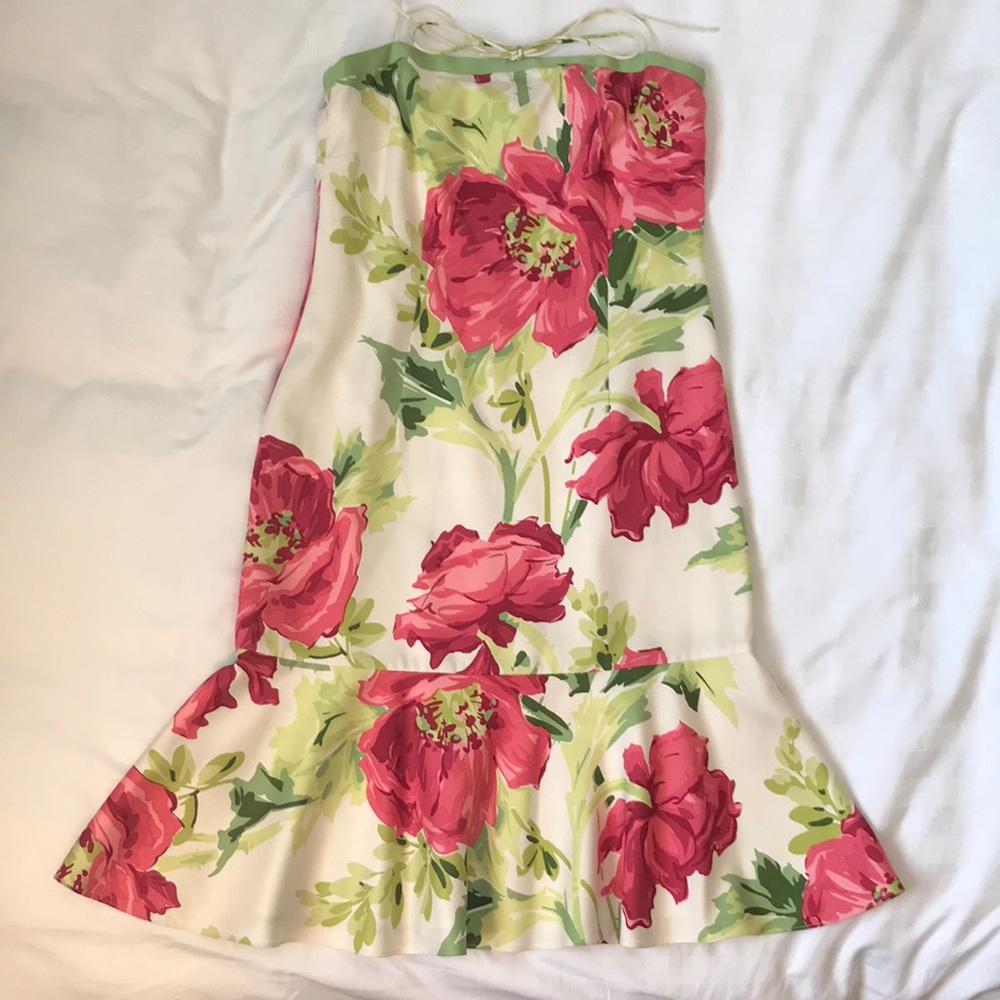 Ann Taylor silk strapless/halter cream w huge pink/green floral dress NWOT